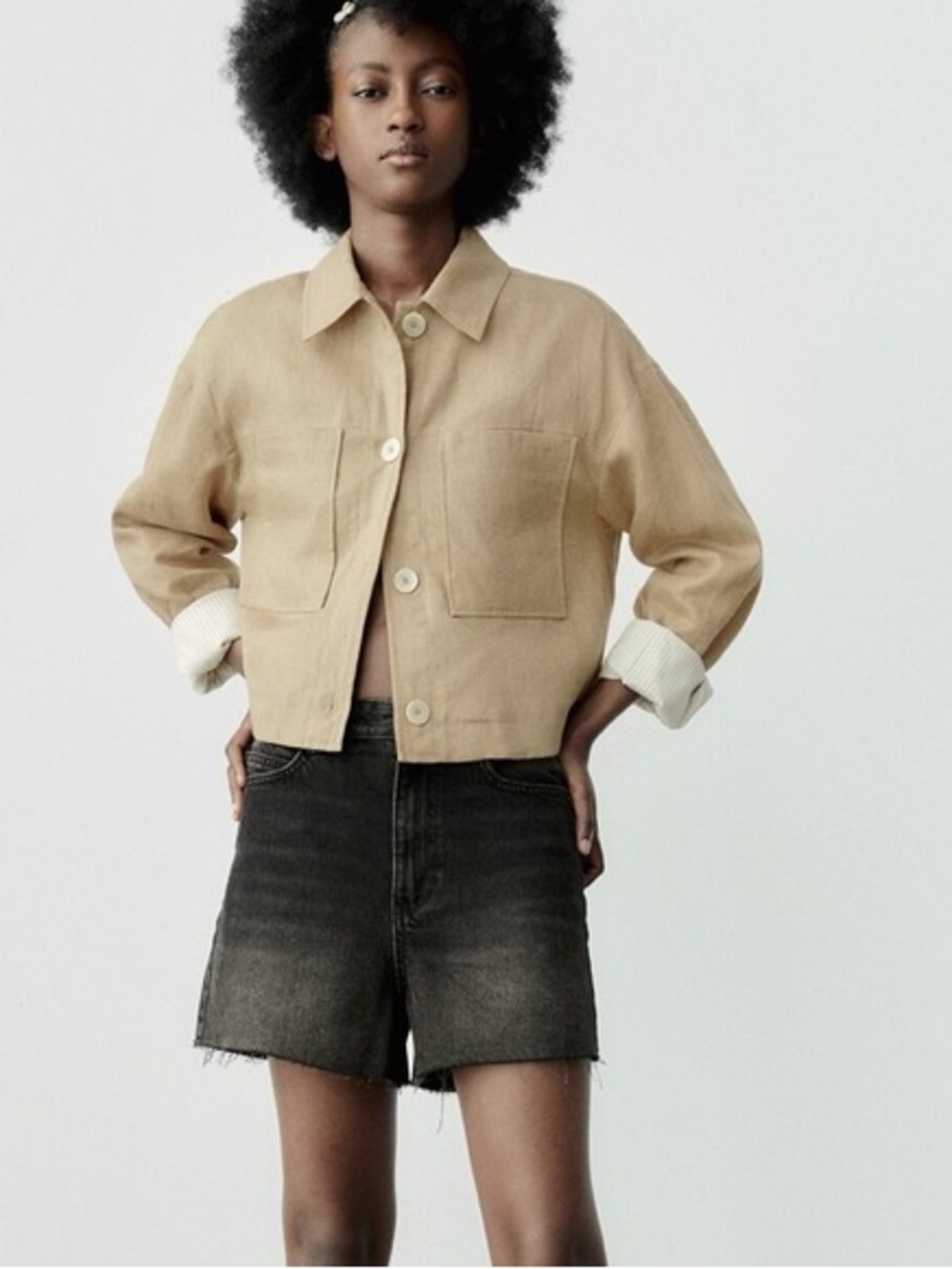 ZARA Cropped Linen Overshirt Jacket Tan Size S